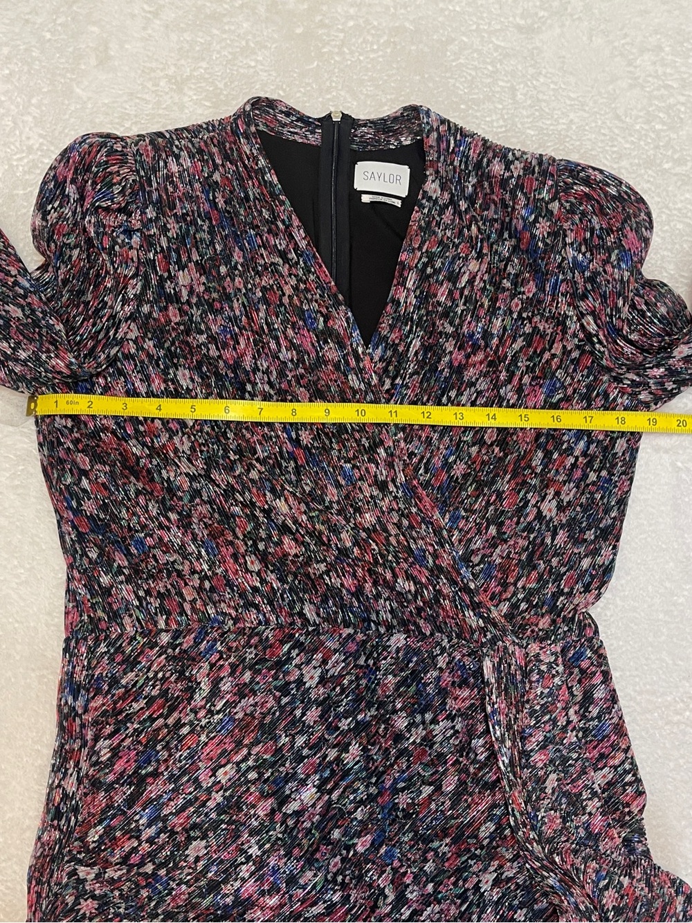 Saylor Bernadette draped faux wrap floral metallic‎ long sleeve cocktail dress L - Picture 9 of 15